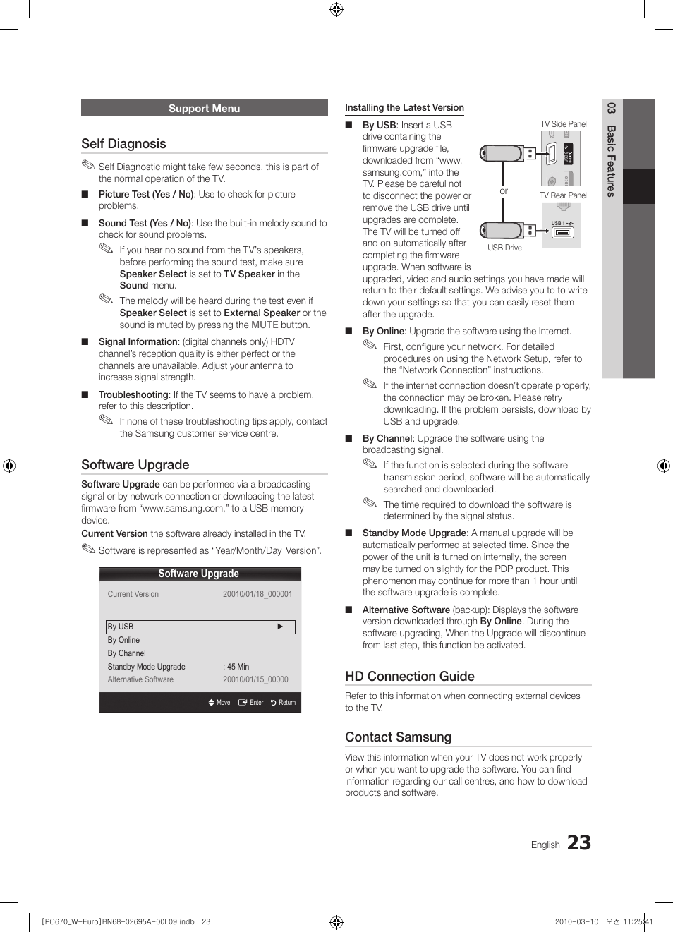 Support menu, Self diagnosis, Software upgrade | Hd connection guide, Contact samsung | Samsung PS50C670G3S User Manual | Page 23 / 452