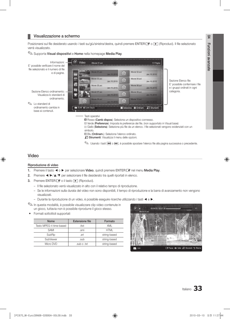 Video, Visualizzazione a schermo | Samsung PS50C670G3S User Manual | Page 233 / 452