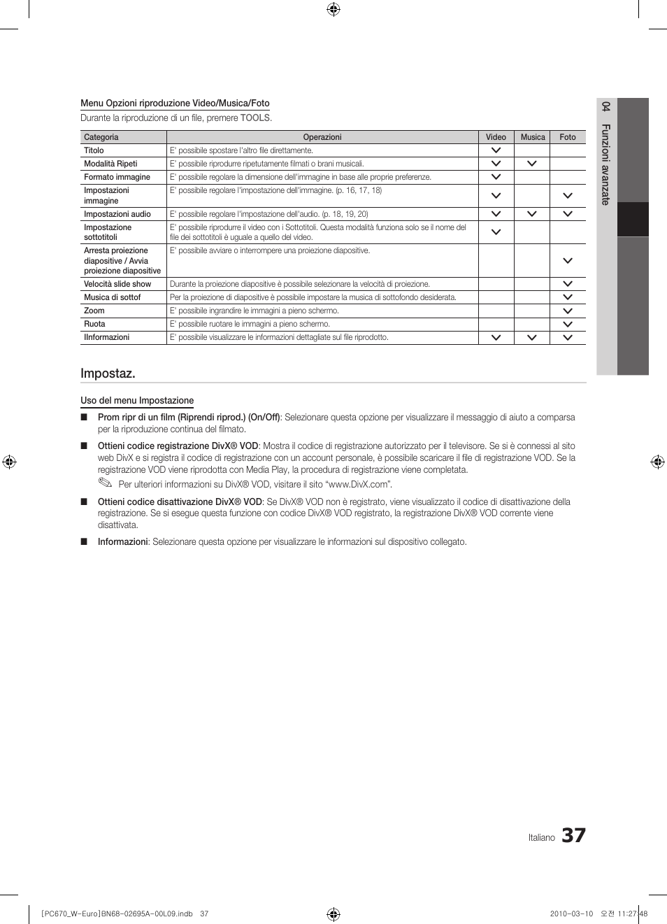 Impostaz | Samsung PS50C670G3S User Manual | Page 237 / 452