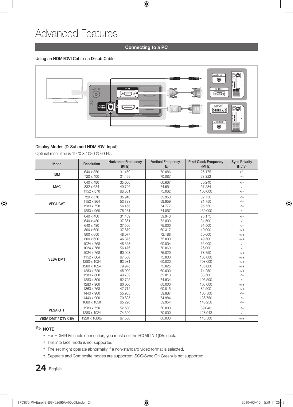 Advanced features, Connecting to a pc | Samsung PS50C670G3S User Manual | Page 24 / 452