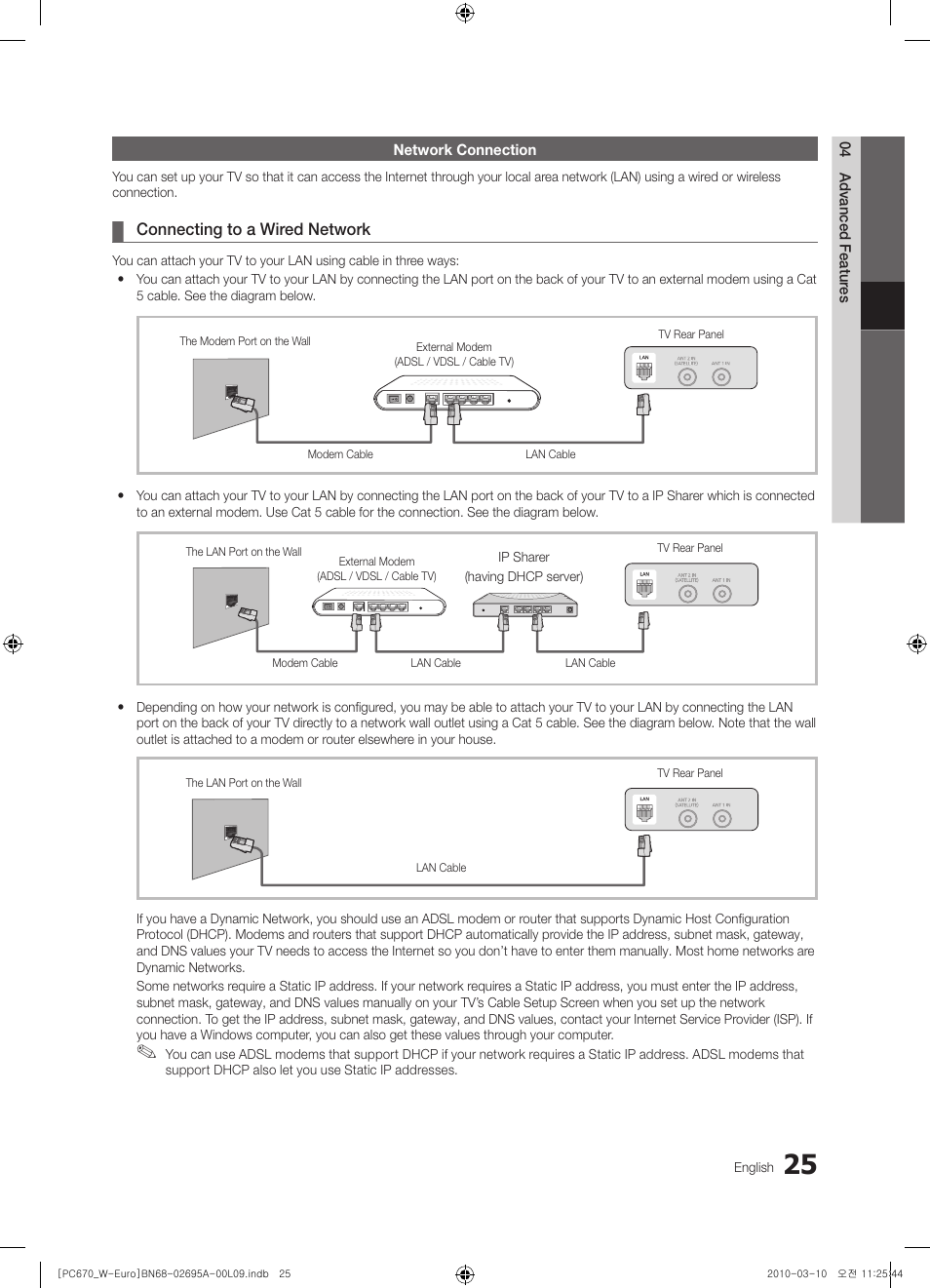 Network connection | Samsung PS50C670G3S User Manual | Page 25 / 452