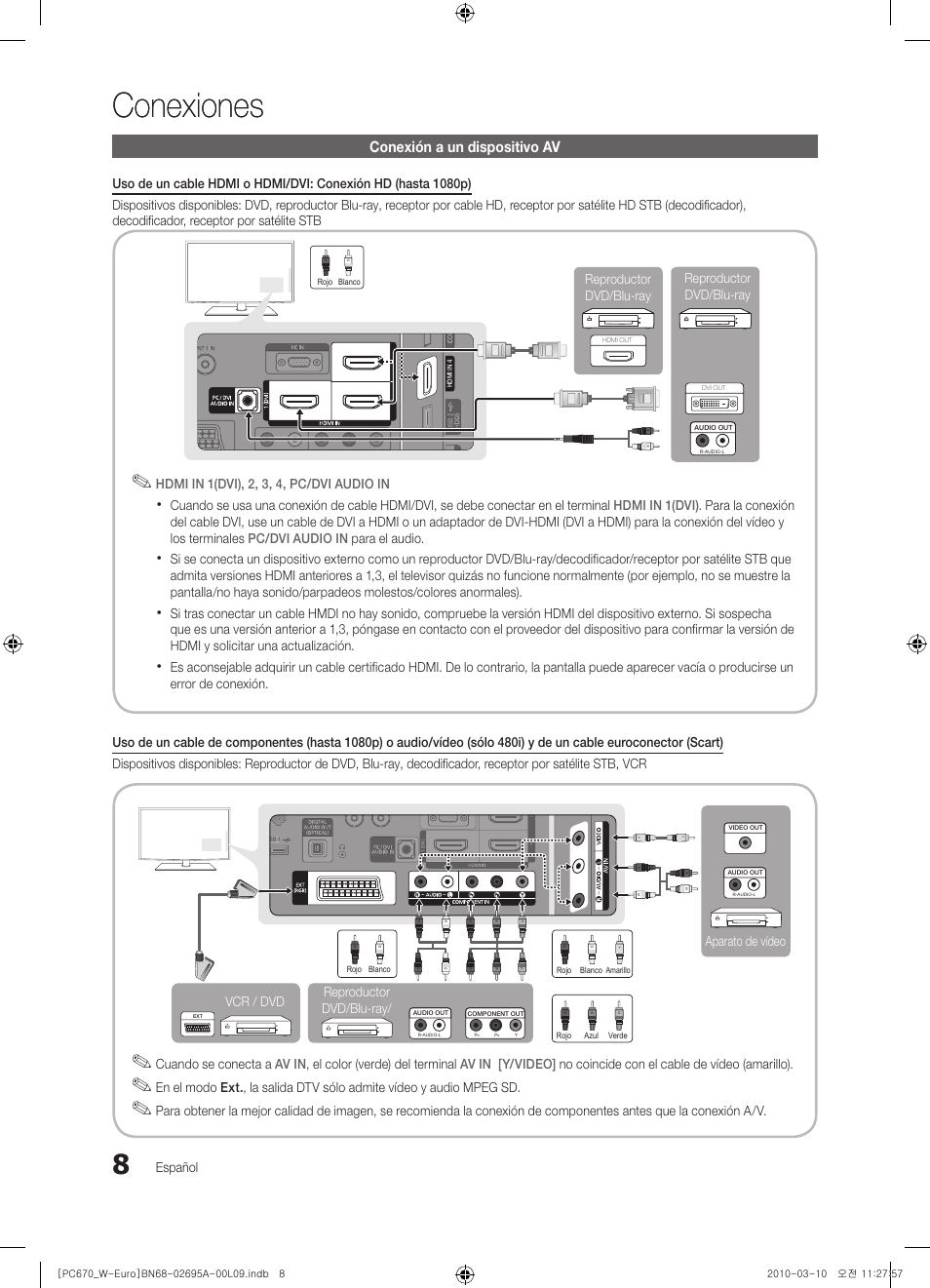 Conexiones, Conexión a un dispositivo av | Samsung PS50C670G3S User Manual | Page 258 / 452