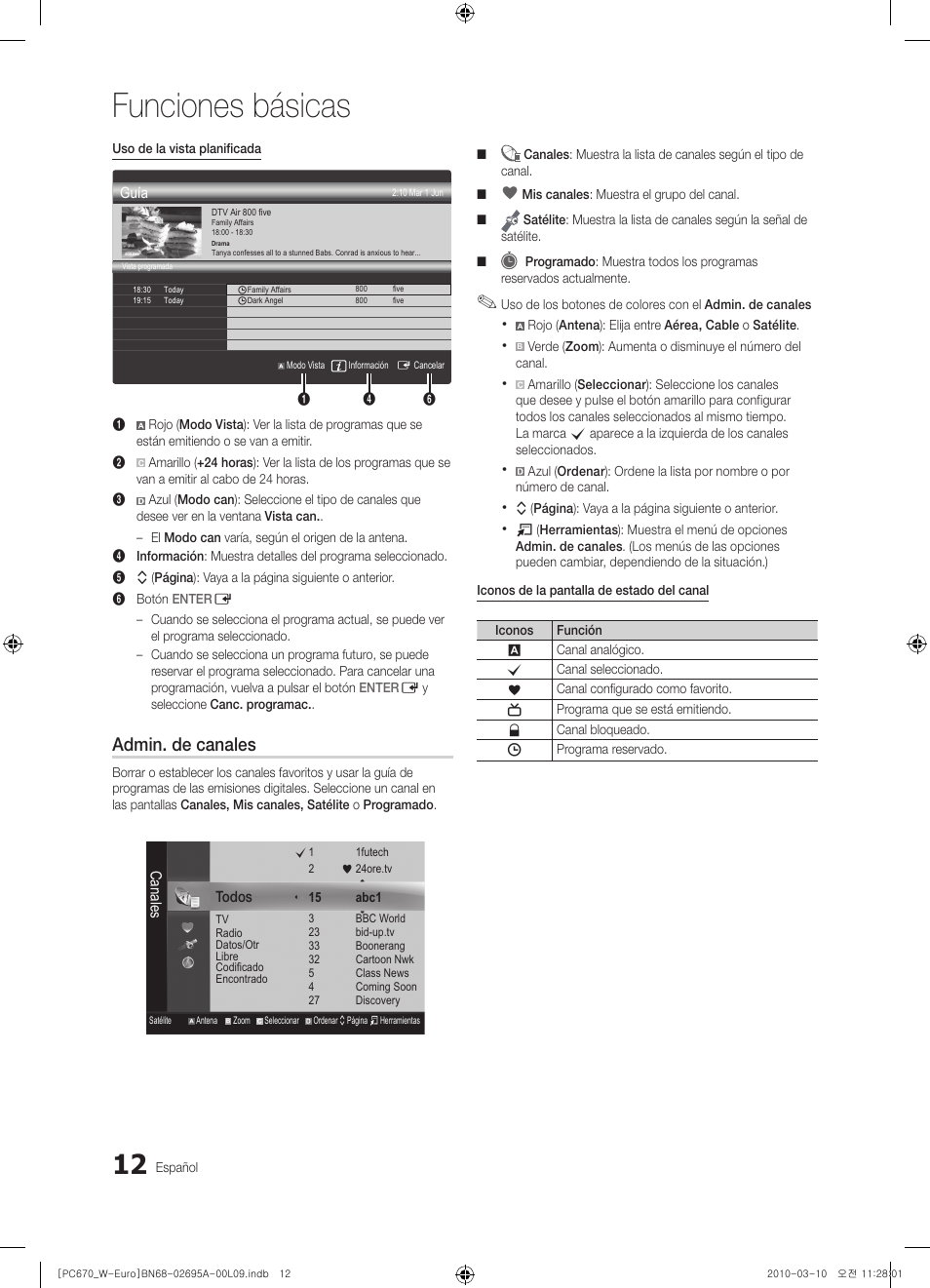 Funciones básicas, Admin. de canales | Samsung PS50C670G3S User Manual | Page 262 / 452