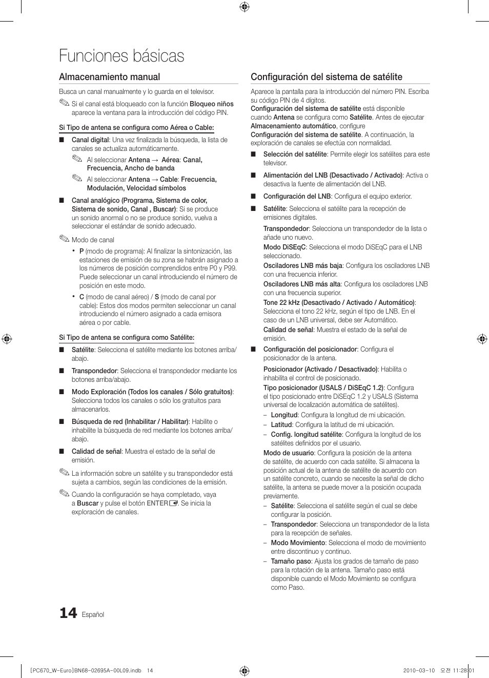 Funciones básicas, Almacenamiento manual, Configuración del sistema de satélite | Samsung PS50C670G3S User Manual | Page 264 / 452