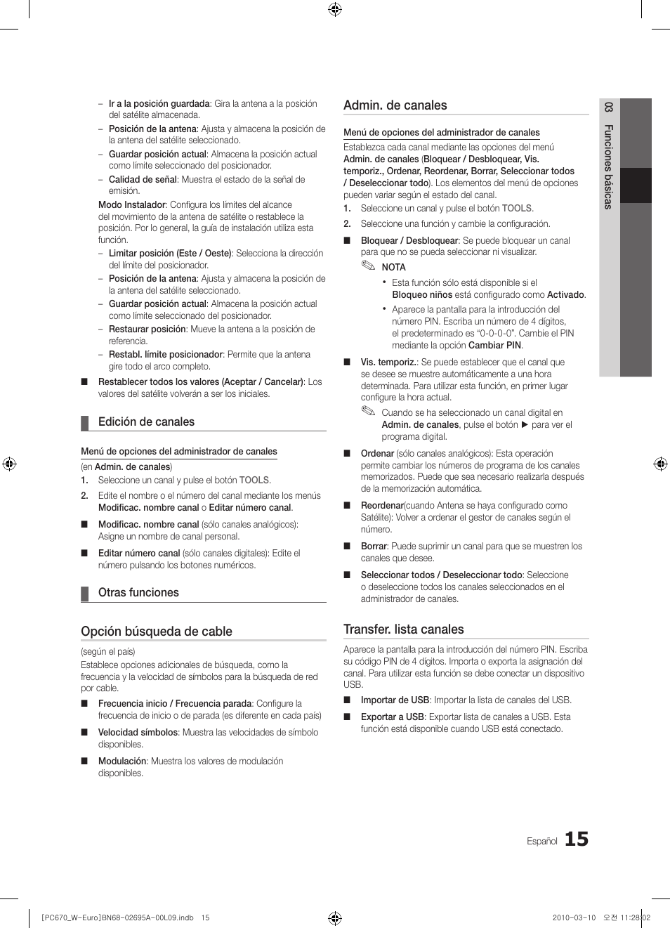 Opción búsqueda de cable, Admin. de canales, Transfer. lista canales | Samsung PS50C670G3S User Manual | Page 265 / 452