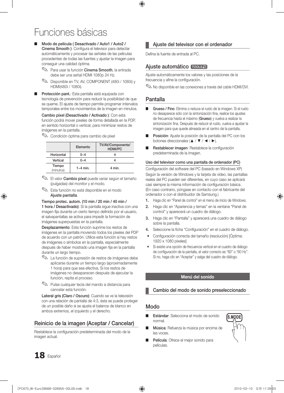 Funciones básicas, Reinicio de la imagen (aceptar / cancelar), Ajuste automático | Pantalla, Modo | Samsung PS50C670G3S User Manual | Page 268 / 452