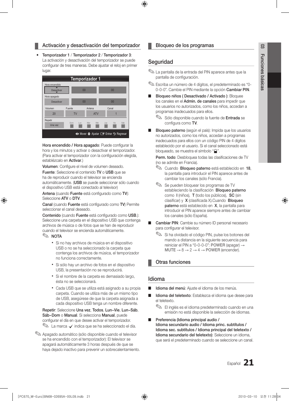 Seguridad, Idioma | Samsung PS50C670G3S User Manual | Page 271 / 452