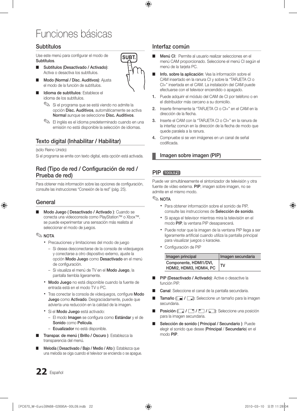 Funciones básicas, Subtítulos, Texto digital (inhabilitar / habilitar) | General, Interfaz común | Samsung PS50C670G3S User Manual | Page 272 / 452