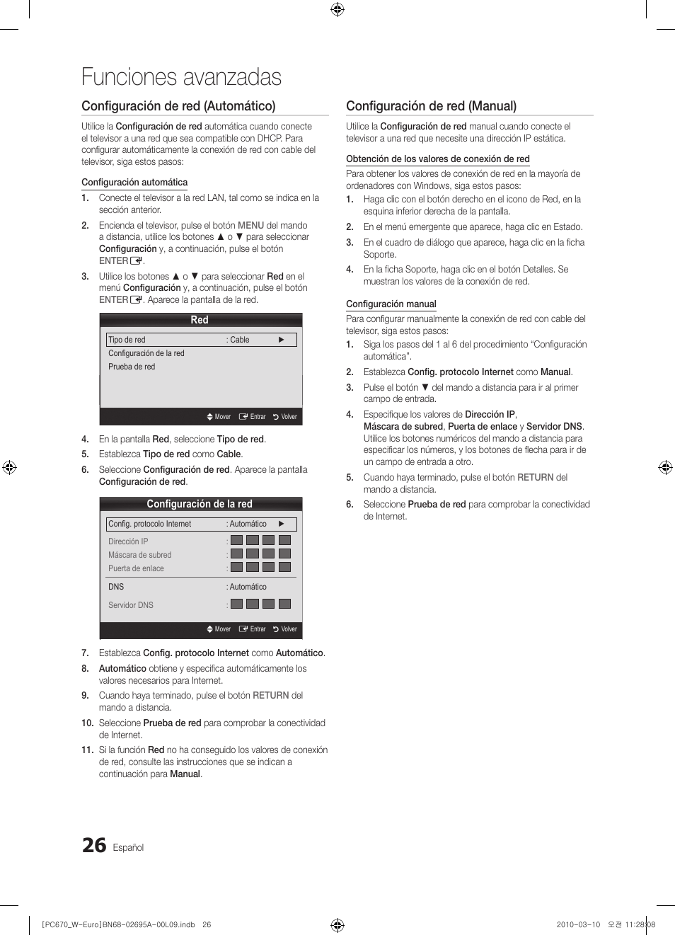 Funciones avanzadas, Configuración de red (automático), Configuración de red (manual) | Samsung PS50C670G3S User Manual | Page 276 / 452