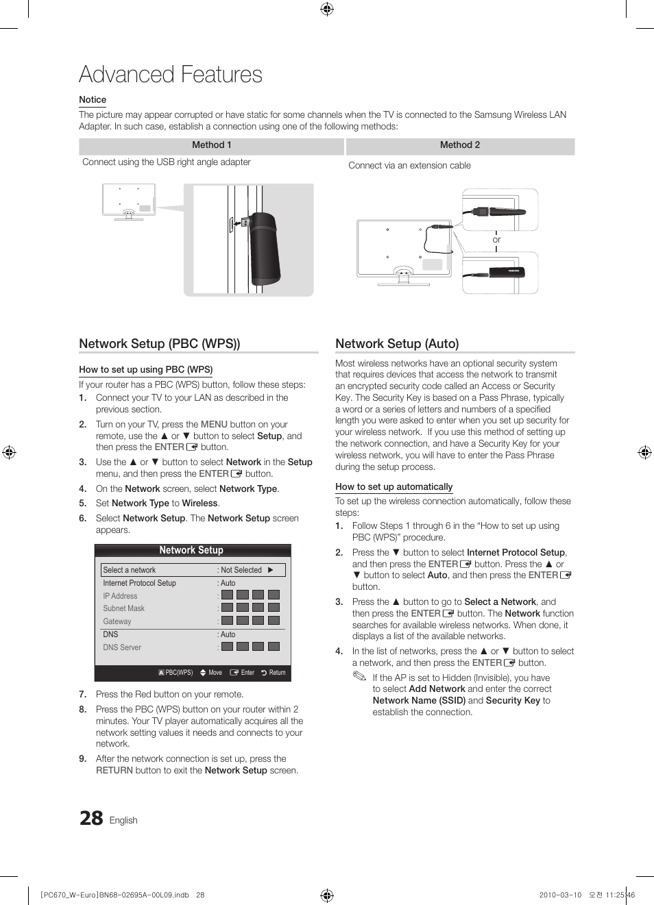 Advanced features, Network setup (pbc (wps)), Network setup (auto) | Samsung PS50C670G3S User Manual | Page 28 / 452