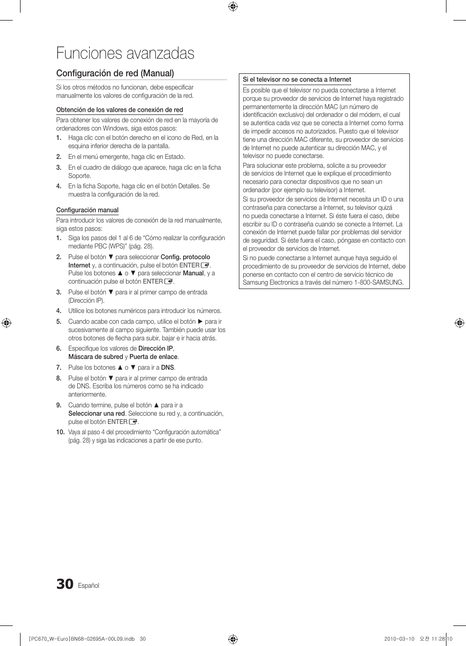 Funciones avanzadas, Configuración de red (manual) | Samsung PS50C670G3S User Manual | Page 280 / 452