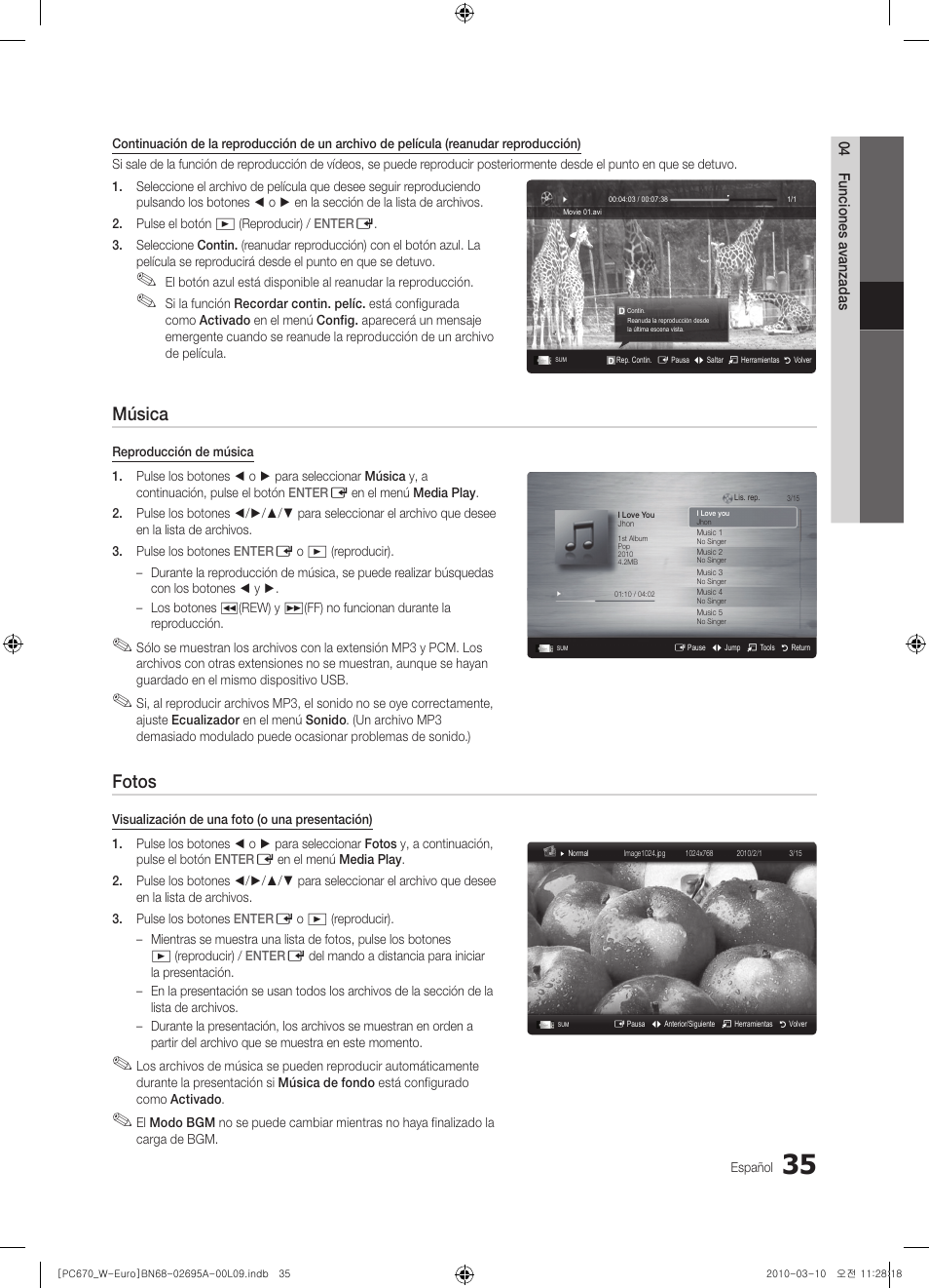 Música, Fotos | Samsung PS50C670G3S User Manual | Page 285 / 452