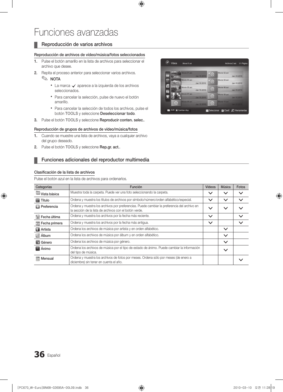 Funciones avanzadas, Reproducción de varios archivos, Funciones adicionales del reproductor multimedia | Samsung PS50C670G3S User Manual | Page 286 / 452