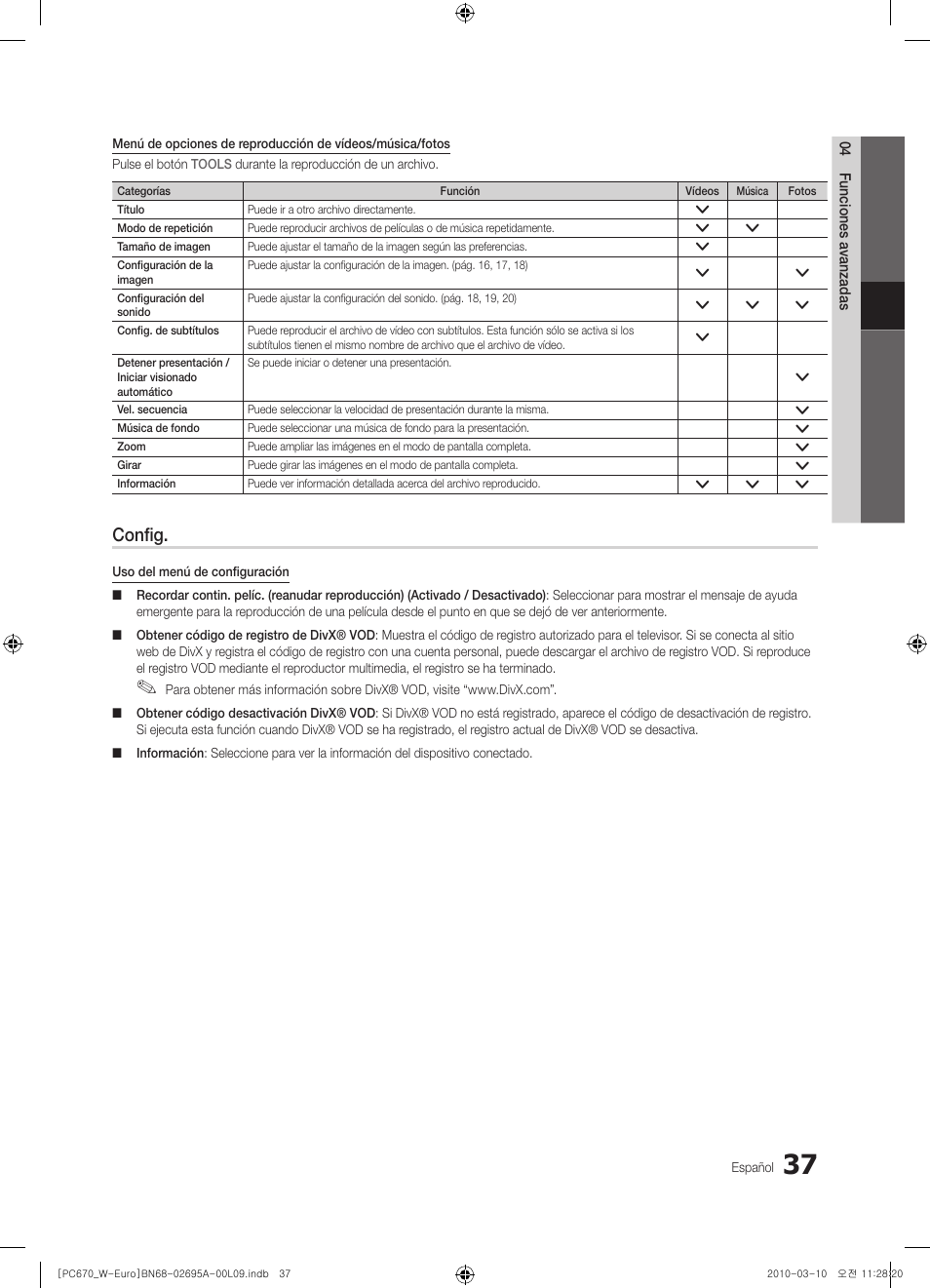 Config | Samsung PS50C670G3S User Manual | Page 287 / 452