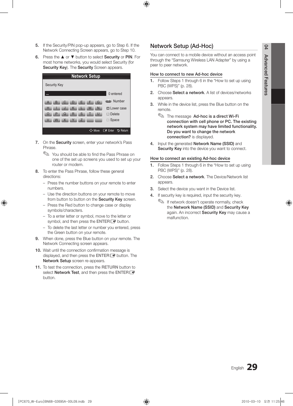 Network setup (ad-hoc) | Samsung PS50C670G3S User Manual | Page 29 / 452