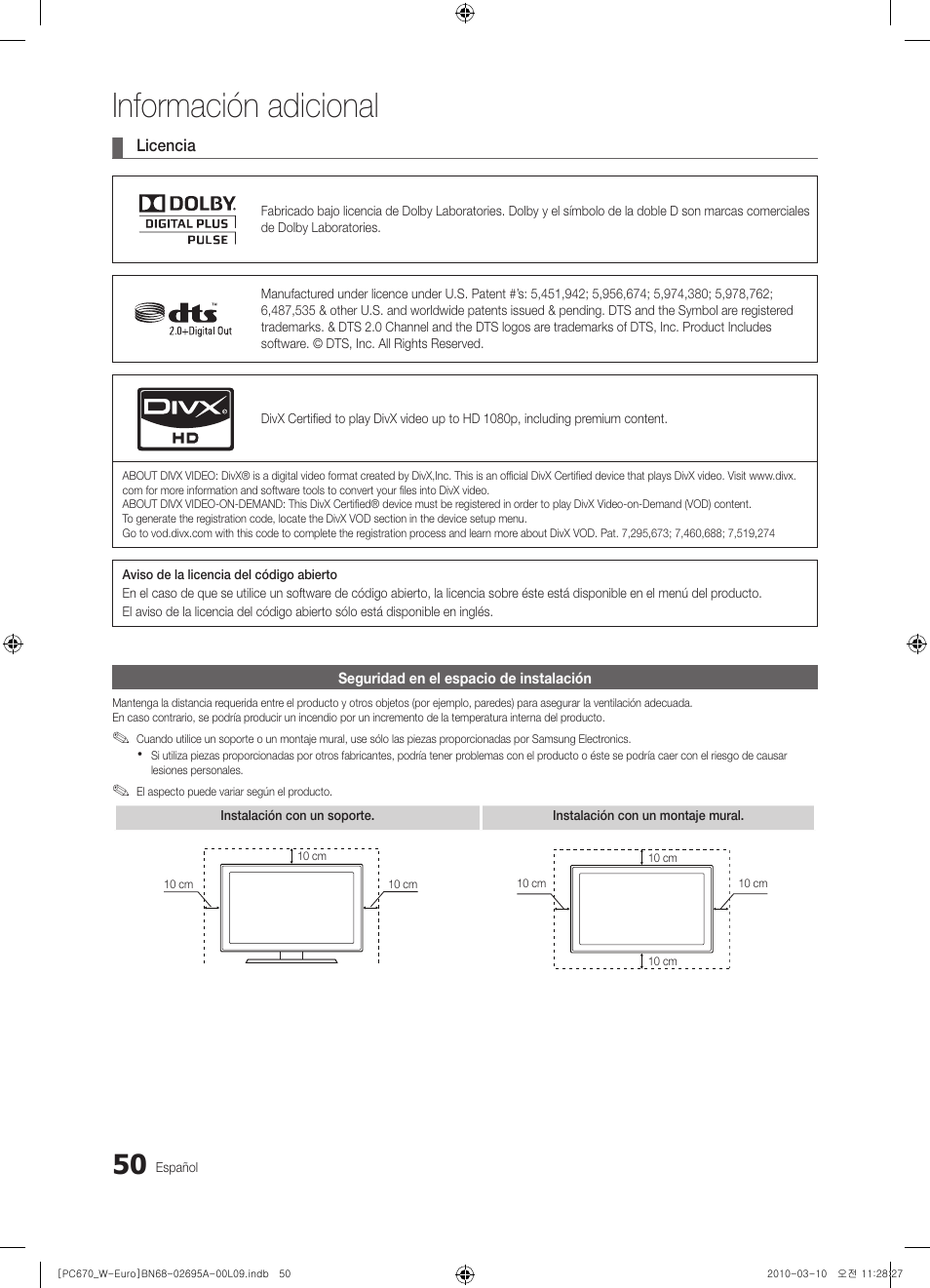 Información adicional | Samsung PS50C670G3S User Manual | Page 300 / 452