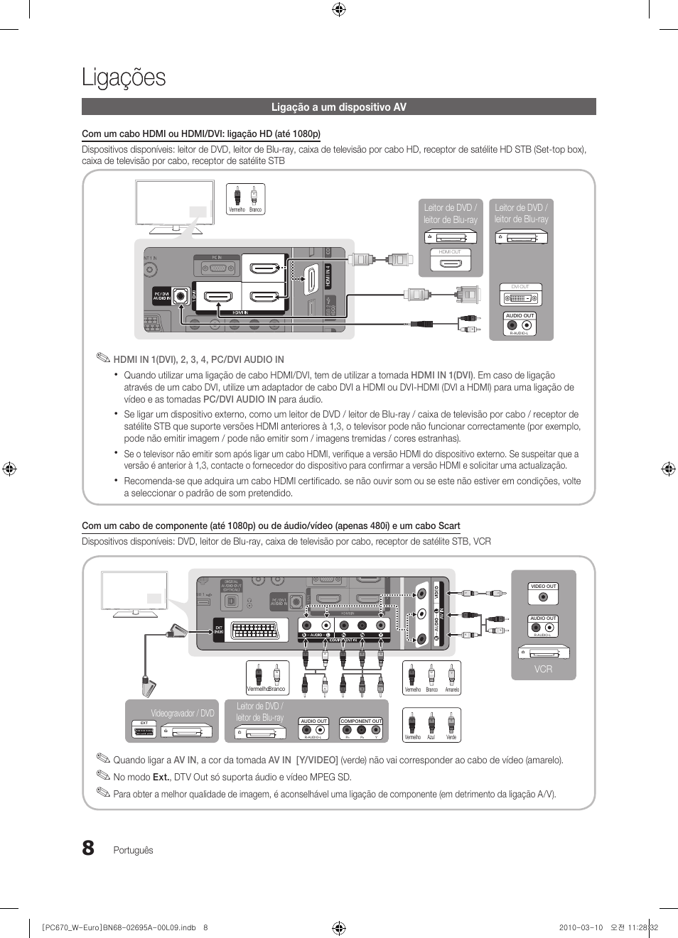 Ligações, Ligação a um dispositivo av | Samsung PS50C670G3S User Manual | Page 308 / 452