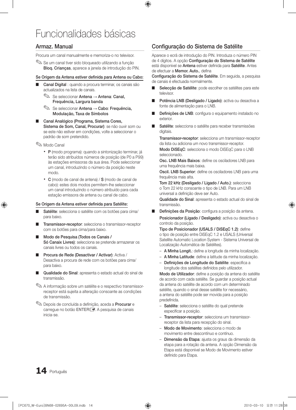 Funcionalidades básicas, Armaz. manual, Configuração do sistema de satélite | Samsung PS50C670G3S User Manual | Page 314 / 452