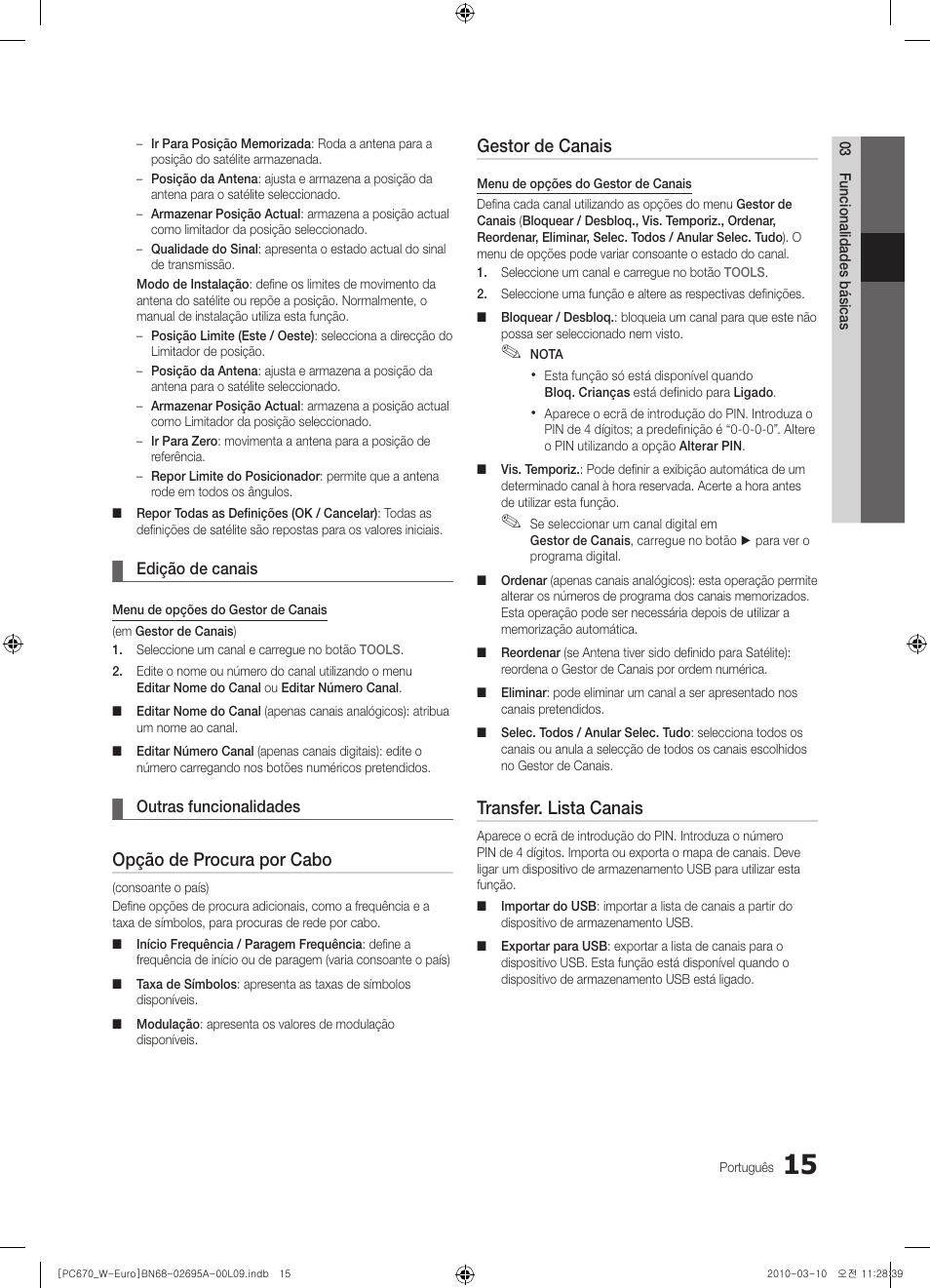 Opção de procura por cabo, Gestor de canais, Transfer. lista canais | Samsung PS50C670G3S User Manual | Page 315 / 452