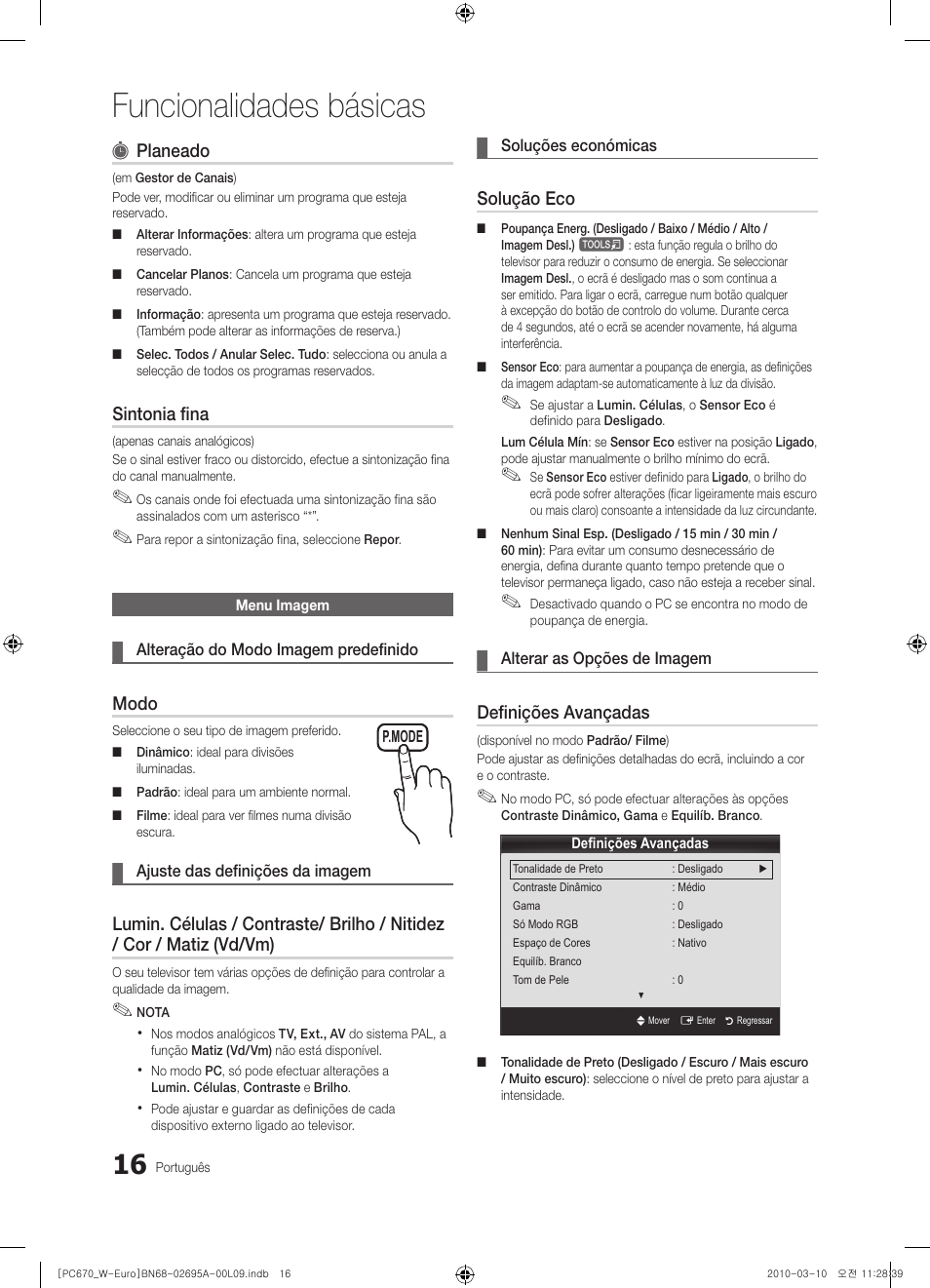 Funcionalidades básicas, Planeado, Sintonia fina | Modo, Solução eco, Definições avançadas | Samsung PS50C670G3S User Manual | Page 316 / 452