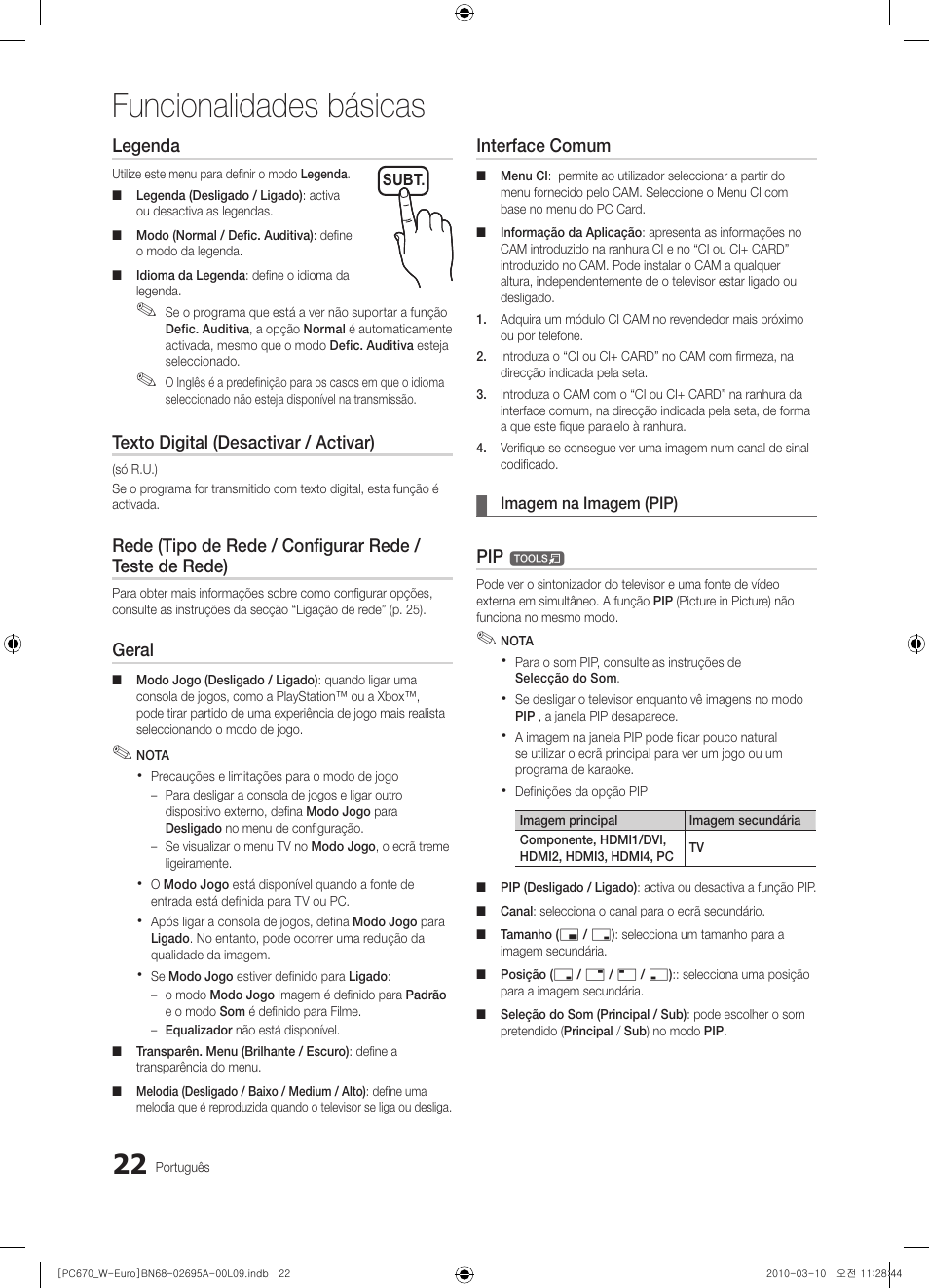 Funcionalidades básicas, Legenda, Texto digital (desactivar / activar) | Geral, Interface comum | Samsung PS50C670G3S User Manual | Page 322 / 452