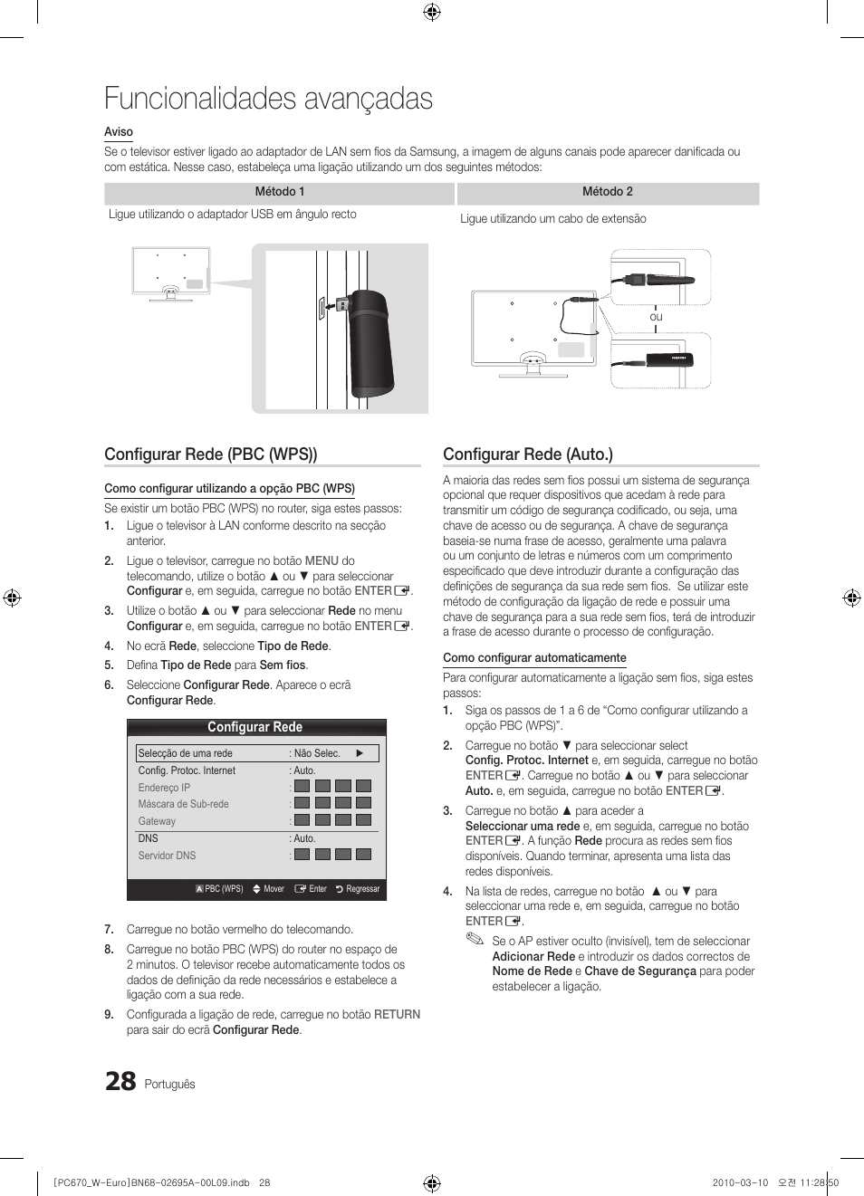 Funcionalidades avançadas, Configurar rede (pbc (wps)), Configurar rede (auto.) | Samsung PS50C670G3S User Manual | Page 328 / 452