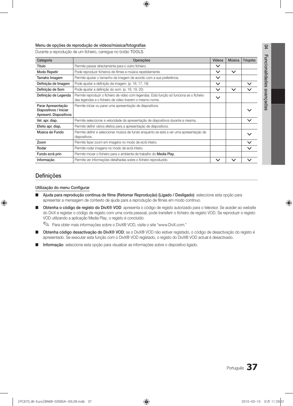 Definições | Samsung PS50C670G3S User Manual | Page 337 / 452