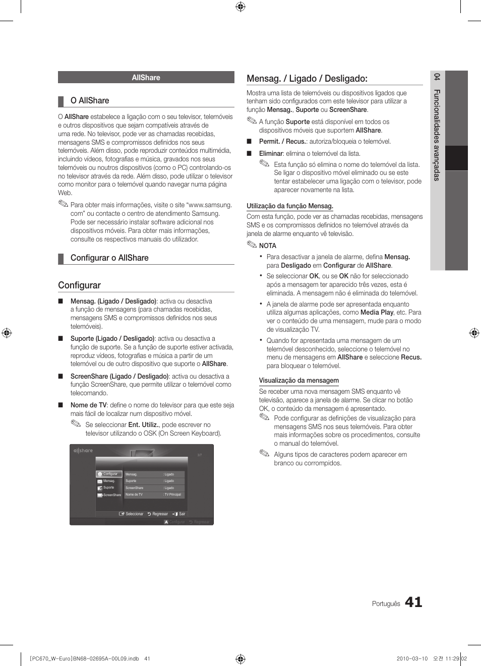 Configurar, Mensag. / ligado / desligado | Samsung PS50C670G3S User Manual | Page 341 / 452