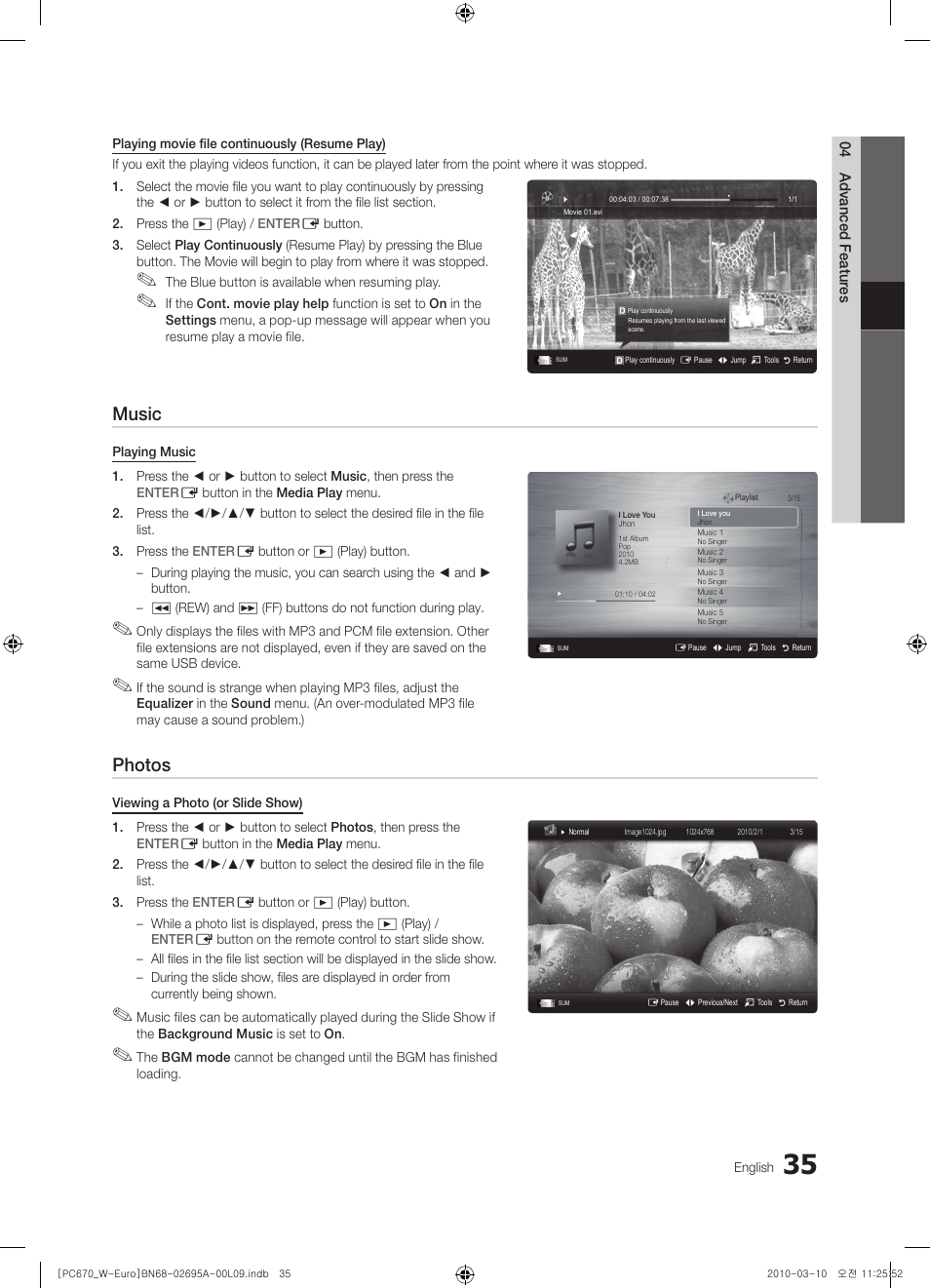 Music, Photos | Samsung PS50C670G3S User Manual | Page 35 / 452