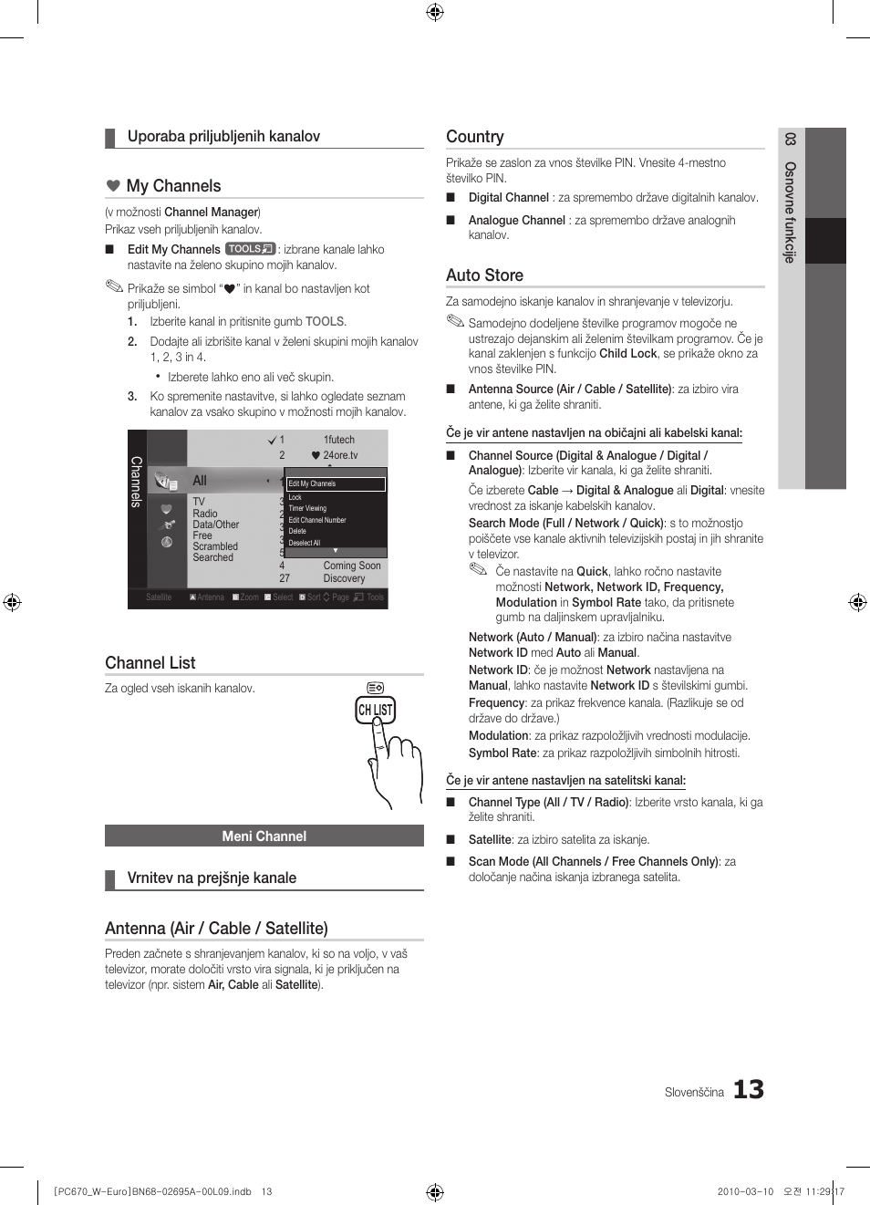 My channels, Channel list, Antenna (air / cable / satellite) | Country, Auto store | Samsung PS50C670G3S User Manual | Page 363 / 452