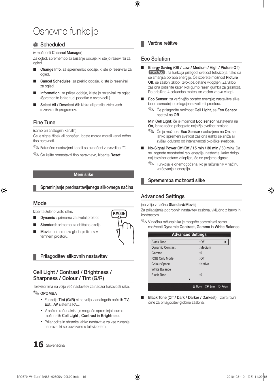 Osnovne funkcije, Scheduled, Fine tune | Mode, Eco solution, Advanced settings | Samsung PS50C670G3S User Manual | Page 366 / 452