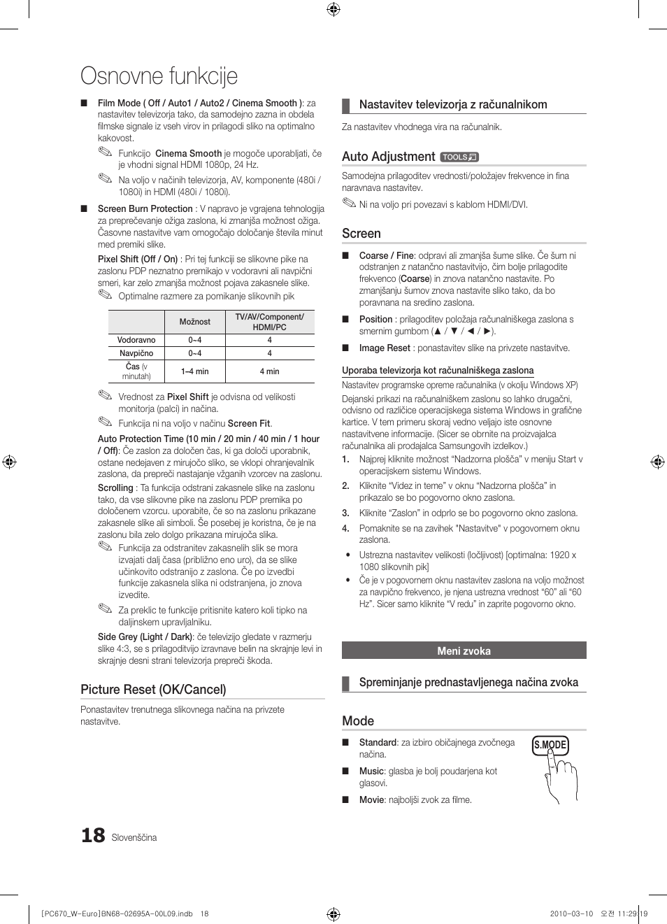 Osnovne funkcije, Picture reset (ok/cancel), Auto adjustment | Screen, Mode | Samsung PS50C670G3S User Manual | Page 368 / 452