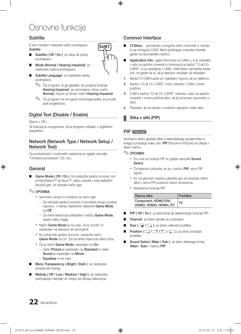 Osnovne funkcije, Subtitle, Digital text (disable / enable) | General, Common interface | Samsung PS50C670G3S User Manual | Page 372 / 452