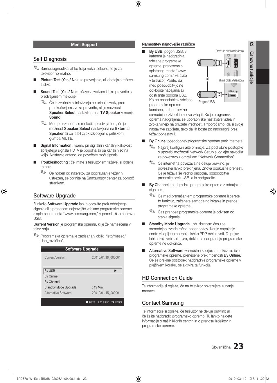 Self diagnosis, Software upgrade, Hd connection guide | Contact samsung | Samsung PS50C670G3S User Manual | Page 373 / 452