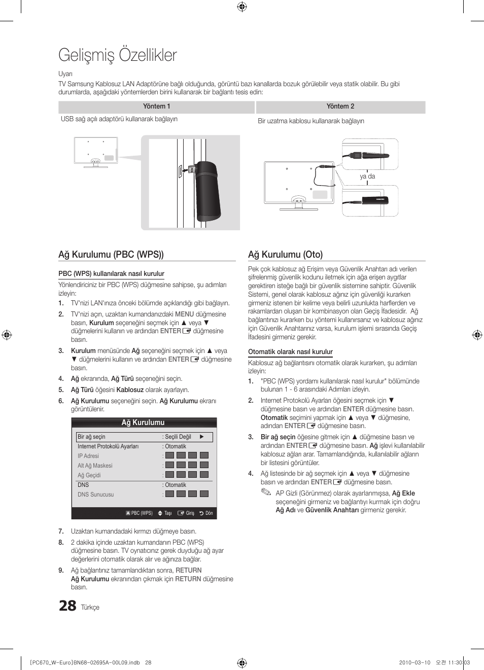 Gelişmiş özellikler, Ağ kurulumu (pbc (wps)), Ağ kurulumu (oto) | Samsung PS50C670G3S User Manual | Page 428 / 452