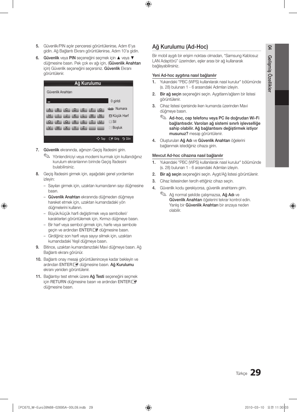 Ağ kurulumu (ad-hoc) | Samsung PS50C670G3S User Manual | Page 429 / 452