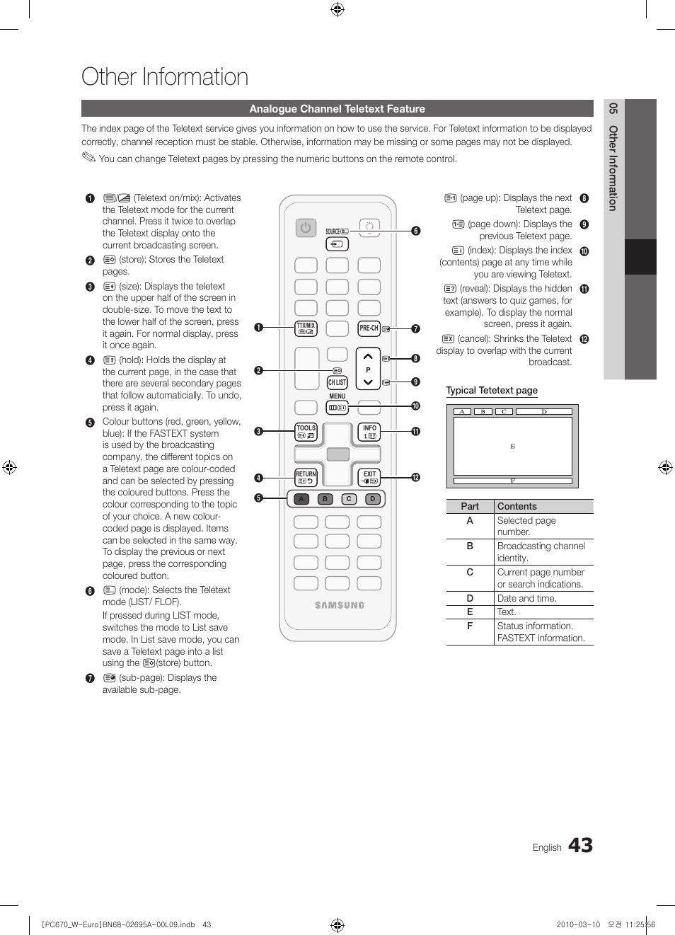 Other information, Analogue channel teletext feature | Samsung PS50C670G3S User Manual | Page 43 / 452