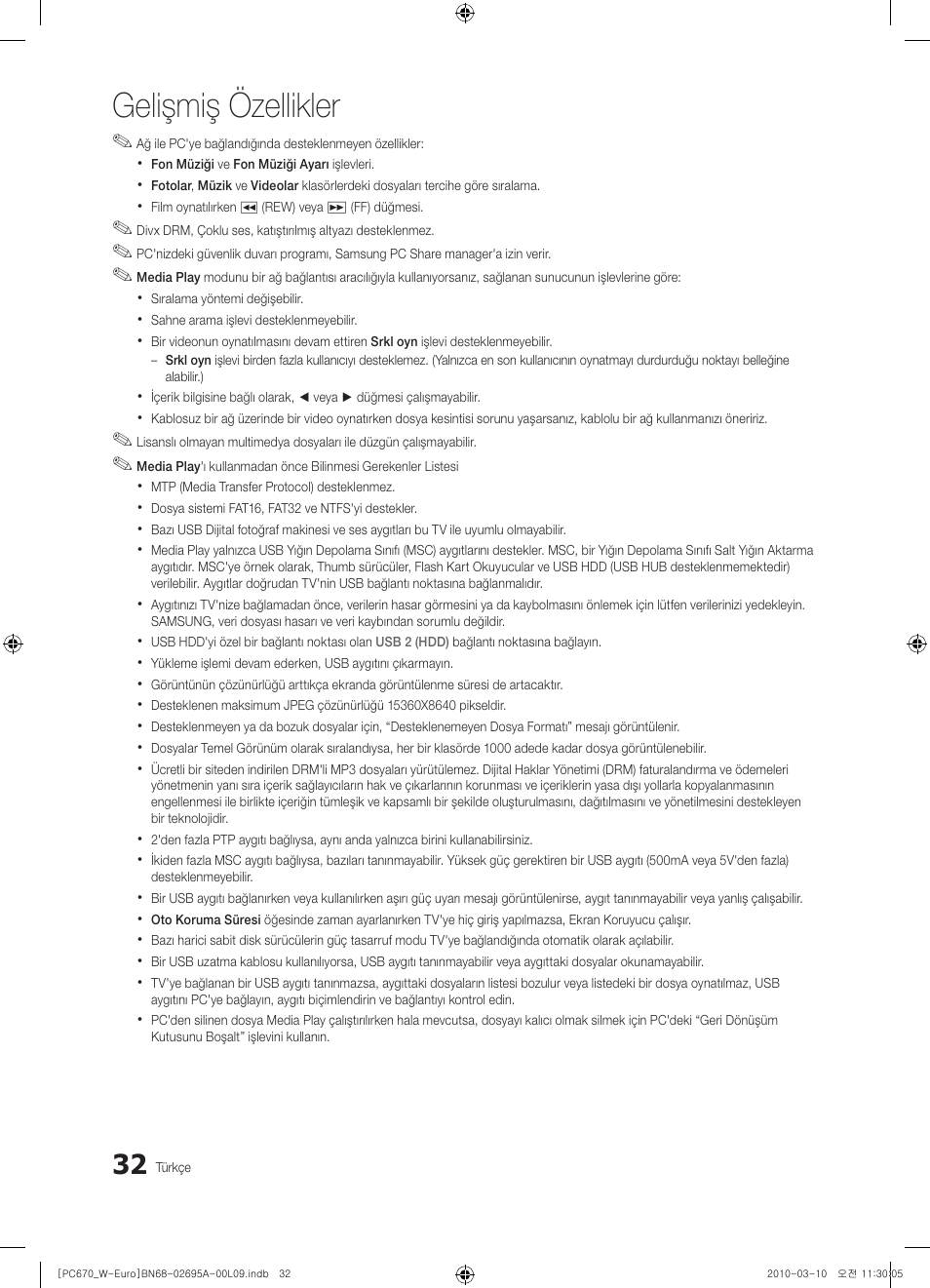 Gelişmiş özellikler | Samsung PS50C670G3S User Manual | Page 432 / 452