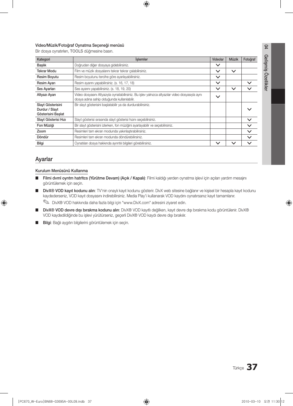 Ayarlar | Samsung PS50C670G3S User Manual | Page 437 / 452