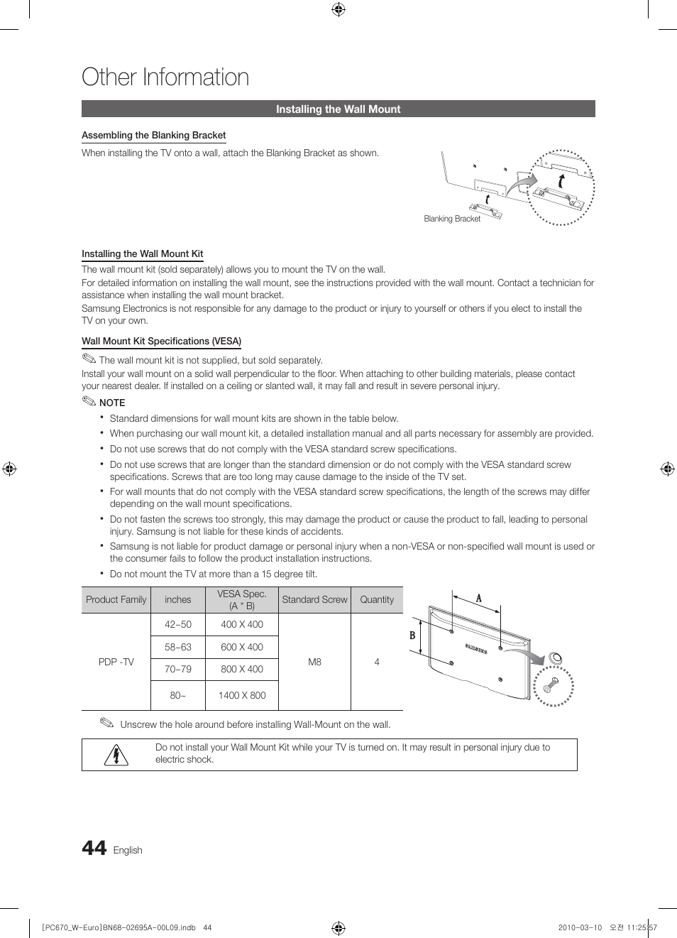 Installing the wall mount, Other information | Samsung PS50C670G3S User Manual | Page 44 / 452