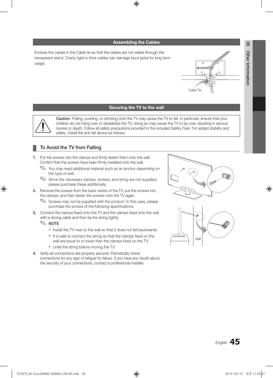 Assembling the cables, Securing the tv to the wall | Samsung PS50C670G3S User Manual | Page 45 / 452