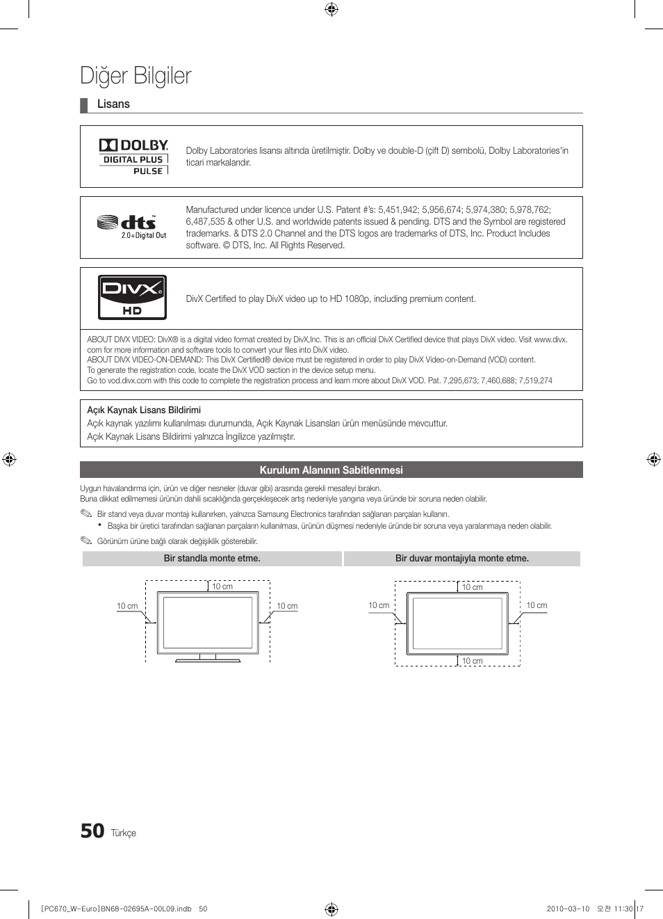 Diğer bilgiler | Samsung PS50C670G3S User Manual | Page 450 / 452