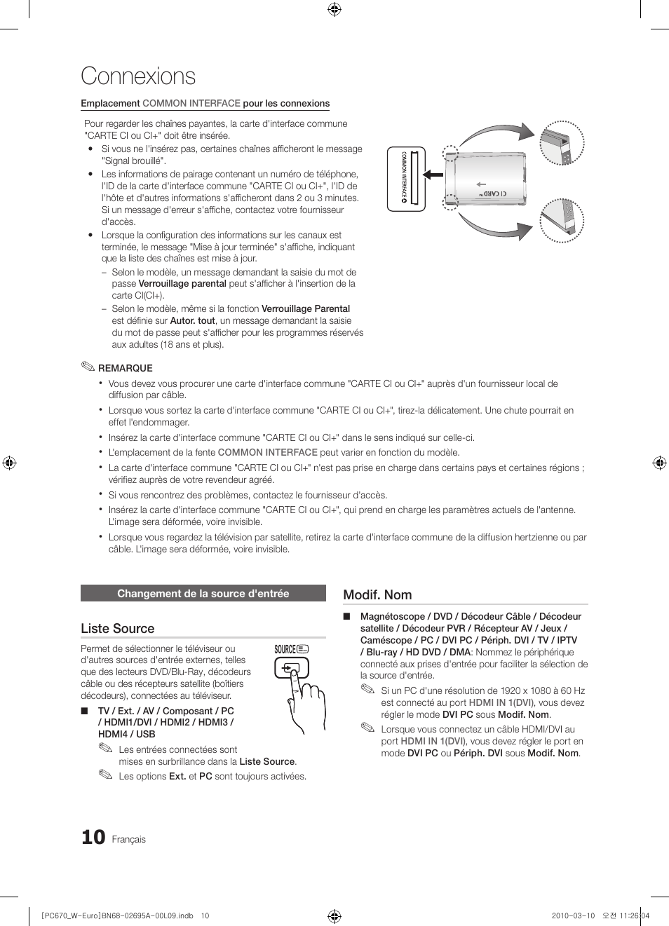 Connexions | Samsung PS50C670G3S User Manual | Page 60 / 452