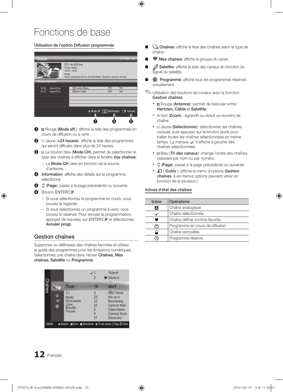 Fonctions de base, Gestion chaînes | Samsung PS50C670G3S User Manual | Page 62 / 452