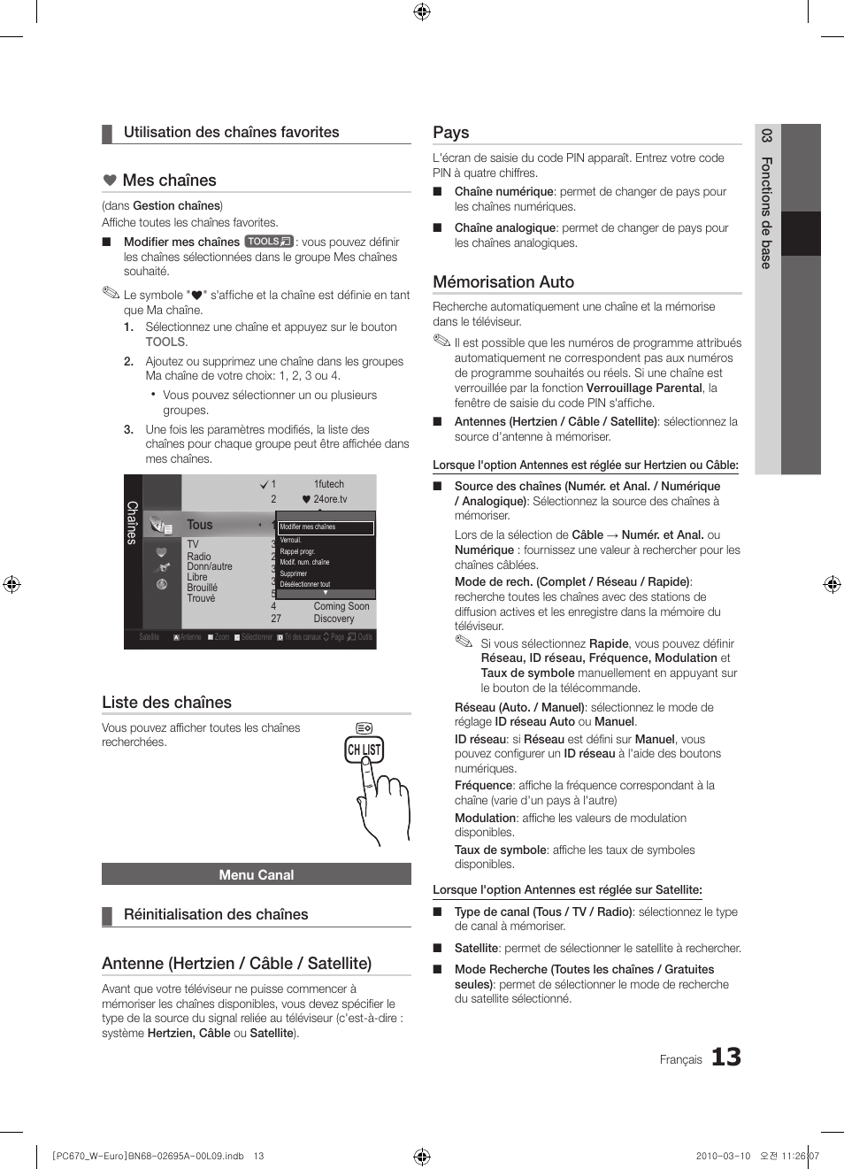 Mes chaînes, Liste des chaînes, Antenne (hertzien / câble / satellite) | Pays, Mémorisation auto | Samsung PS50C670G3S User Manual | Page 63 / 452