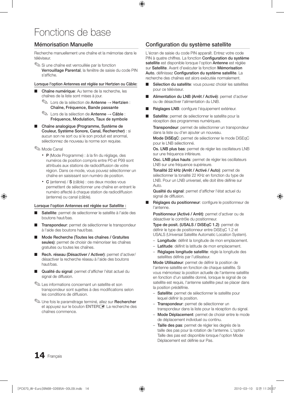 Fonctions de base, Mémorisation manuelle, Configuration du système satellite | Samsung PS50C670G3S User Manual | Page 64 / 452