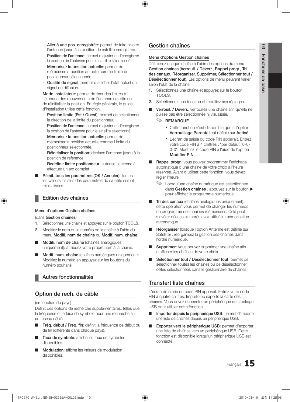 Option de rech. de câble, Gestion chaînes, Transfert liste chaînes | Samsung PS50C670G3S User Manual | Page 65 / 452