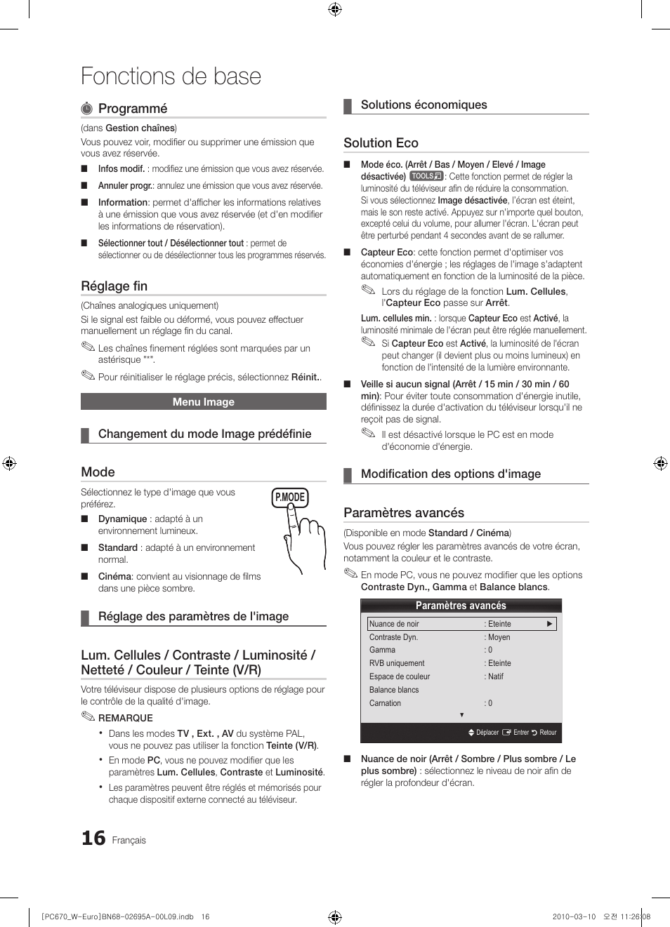 Fonctions de base, Programmé, Réglage fin | Mode, Solution eco, Paramètres avancés | Samsung PS50C670G3S User Manual | Page 66 / 452