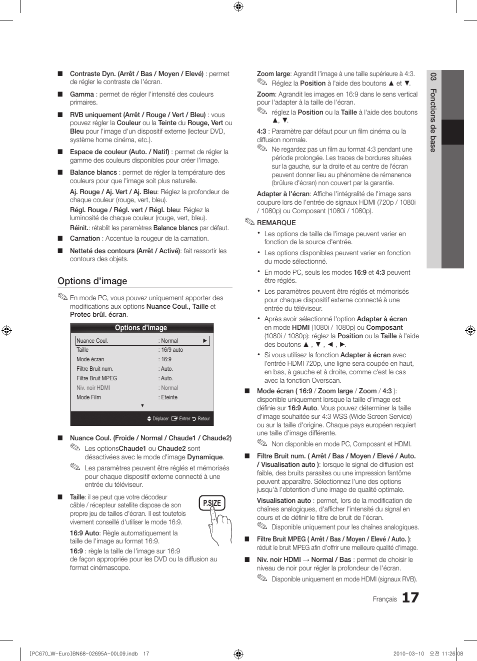 Options d'image | Samsung PS50C670G3S User Manual | Page 67 / 452