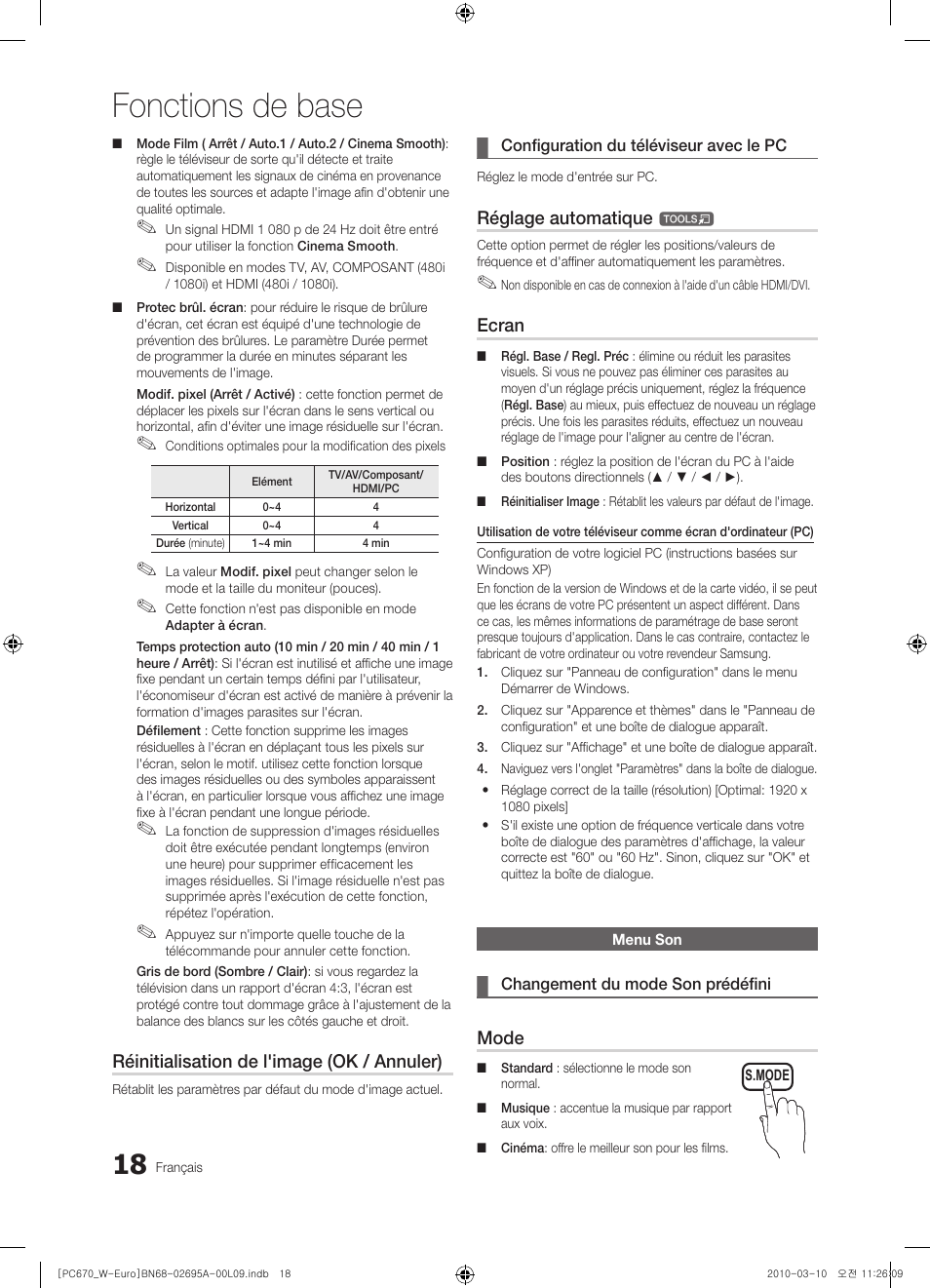 Fonctions de base, Réinitialisation de l'image (ok / annuler), Réglage automatique | Ecran, Mode | Samsung PS50C670G3S User Manual | Page 68 / 452